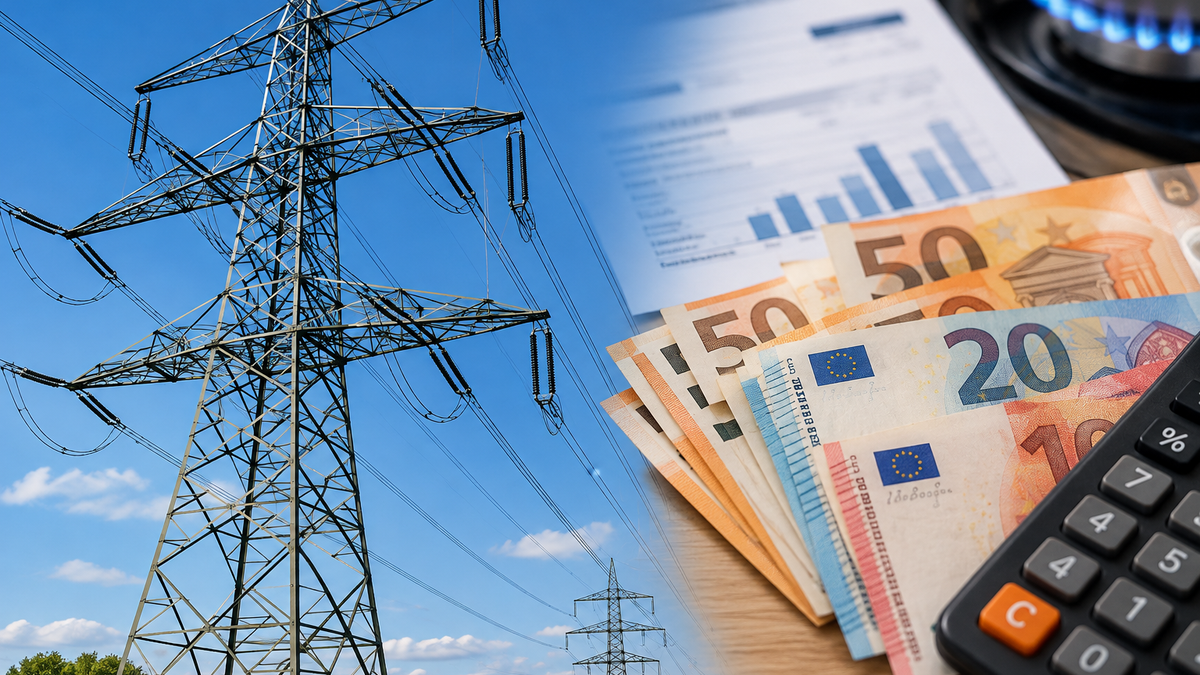 Elektriciteitspilaar met rekenmachine en geldbiljetten