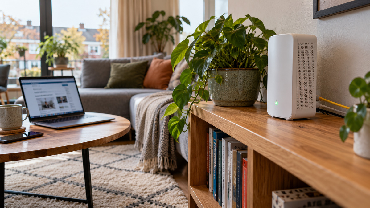 Witte wifi-router op een houten kast in een Nederlandse woonkamer, met laptop op de achtergrond.